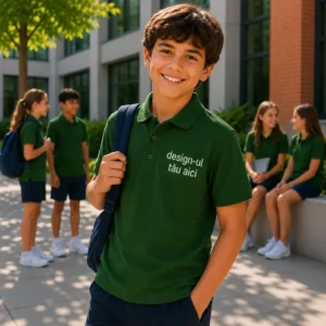 Tricou polo personalizat copii verde inchis cu aspect elegant si organizat pentru uniforme si activitati educationale