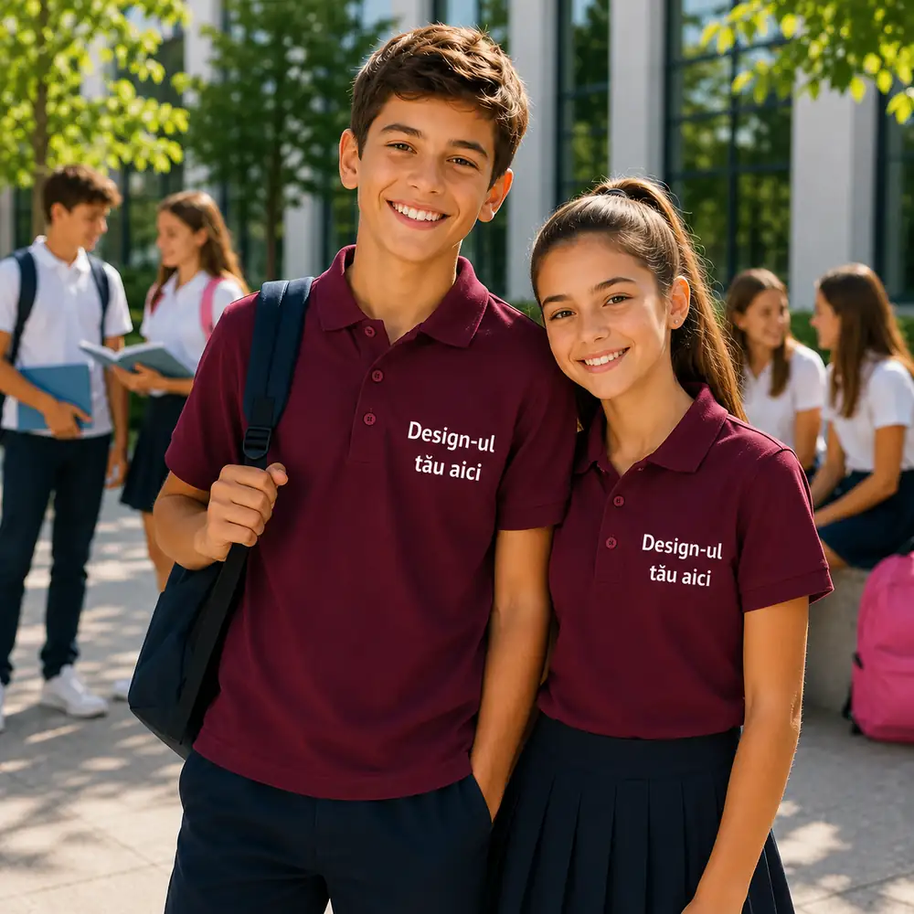 tricouri-polo-personalizate-copii-visiniu-garnet-grup Baiat si fata purtand tricouri polo personalizate visiniu garnet, imagine premium pentru uniforme scolare si branding educational