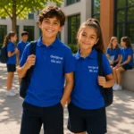 Baiat si fata purtand tricouri polo personalizate albastru regal, imagine premium pentru uniforme moderne si spirit de echipa