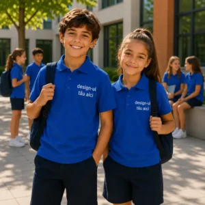Baiat si fata purtand tricouri polo personalizate albastru regal, imagine premium pentru uniforme moderne si spirit de echipa