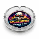 Scrumiera rotunda din sticla cu design artistic personalizat si aspect premium pentru decor modern si branding vizibil