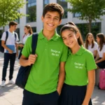 Baiat si fata purtand tricouri polo personalizate verde mar, imagine premium pentru branding educational si uniforme scolare