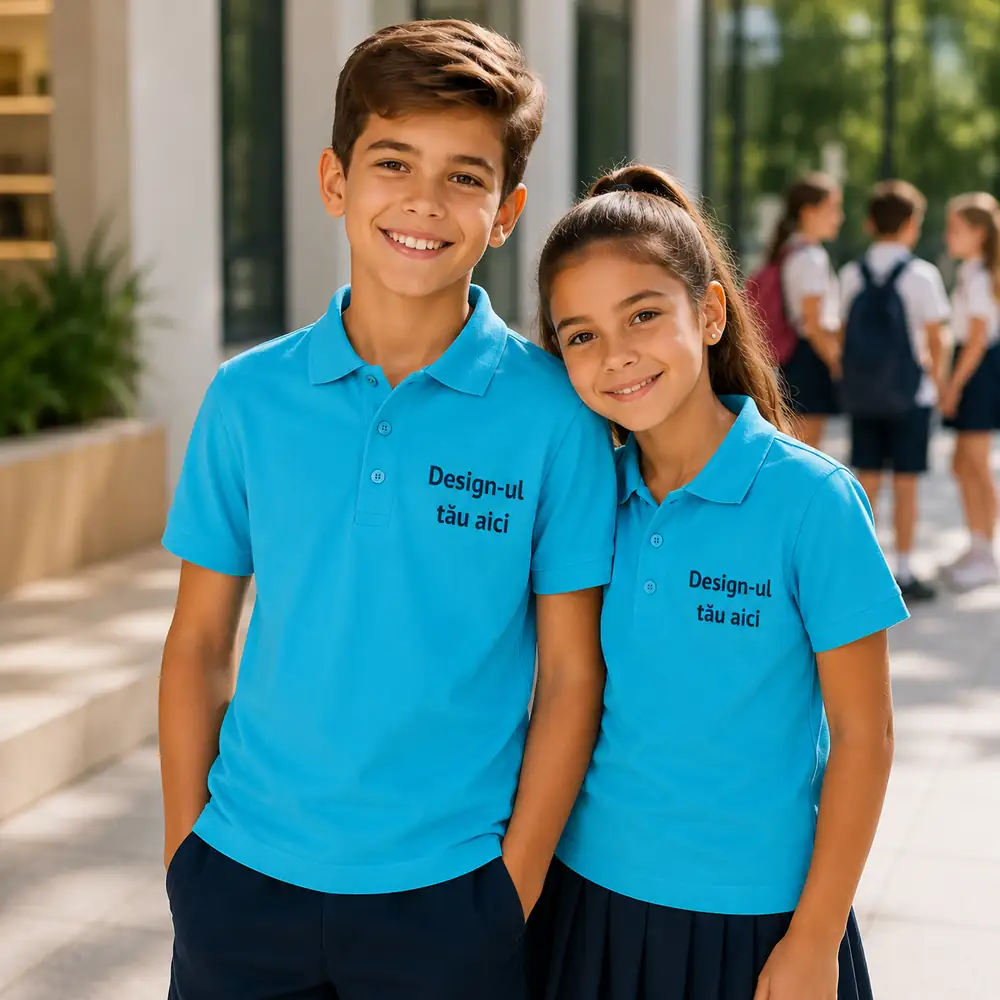 tricouri-polo-personalizate-copii-turcoaz-grup Baiat si fata purtand tricouri polo personalizate turcoaz, imagine premium pentru uniforme scolare si branding educational modern