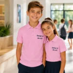 Baiat si fata purtand tricouri polo personalizate roz, imagine premium pentru uniforme scolare si branding educational modern