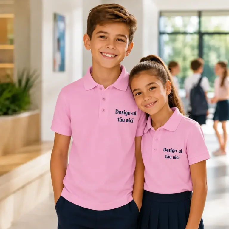 Baiat si fata purtand tricouri polo personalizate roz, imagine premium pentru uniforme scolare si branding educational modern