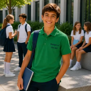 Tricou polo personalizat verde pentru copii in activitati educationale outdoor, imagine moderna si fresh