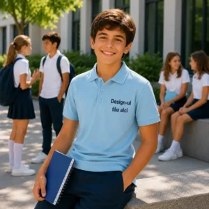 Tricou polo personalizat albastru deschis pentru copii in activitati educationale outdoor, imagine moderna si eleganta
