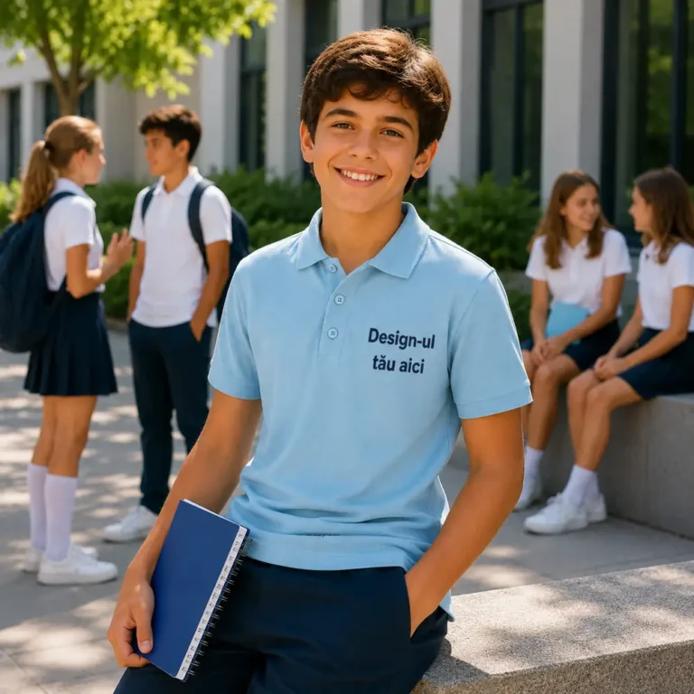 Tricou polo personalizat albastru deschis pentru copii in activitati educationale outdoor, imagine moderna si eleganta
