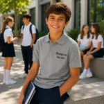 Tricou polo personalizat gri pentru copii in activitati outdoor si branding educational contemporan