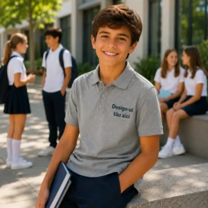 Tricou polo personalizat gri pentru copii in activitati outdoor si branding educational contemporan