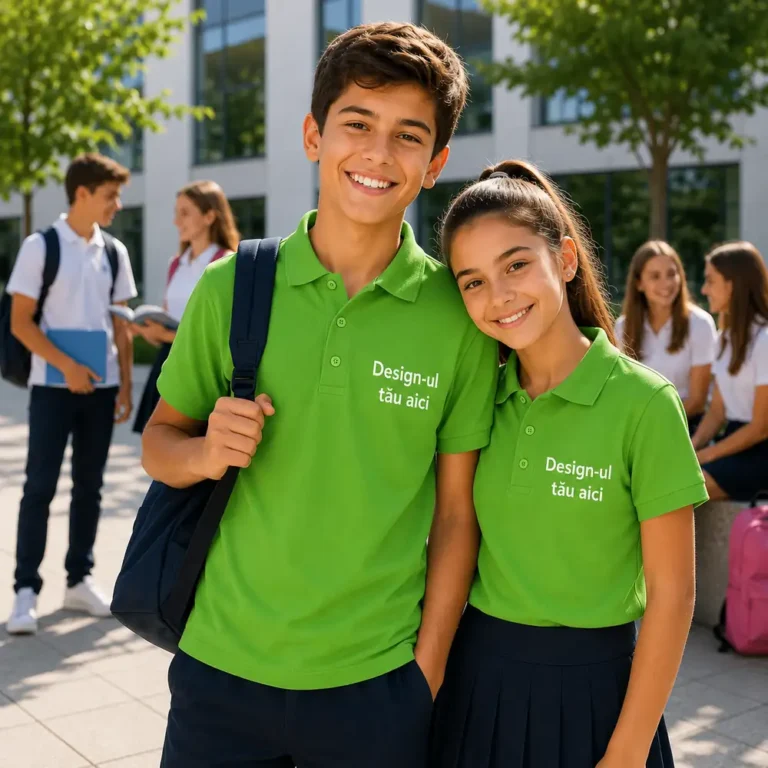 Baiat si fata purtand tricouri polo personalizate verde mar, imagine premium pentru branding educational si uniforme scolare