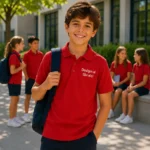 Tricou polo personalizat rosu pentru copii in activitati outdoor si branding vizual cu impact puternic