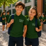 Baiat si fata purtand tricouri polo personalizate verde sticla, imagine premium pentru uniforme moderne si branding de grup