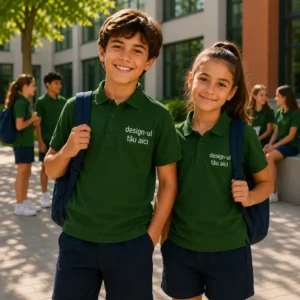 Baiat si fata purtand tricouri polo personalizate verde sticla, imagine premium pentru uniforme moderne si branding de grup