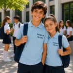 Baiat si fata purtand tricouri polo personalizate albastru deschis, imagine premium pentru uniforme si branding educational modern