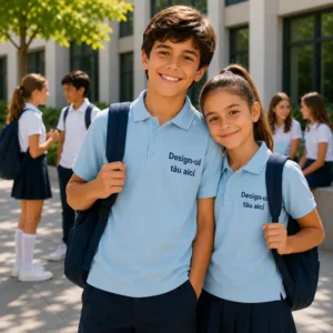 Baiat si fata purtand tricouri polo personalizate albastru deschis, imagine premium pentru uniforme si branding educational modern