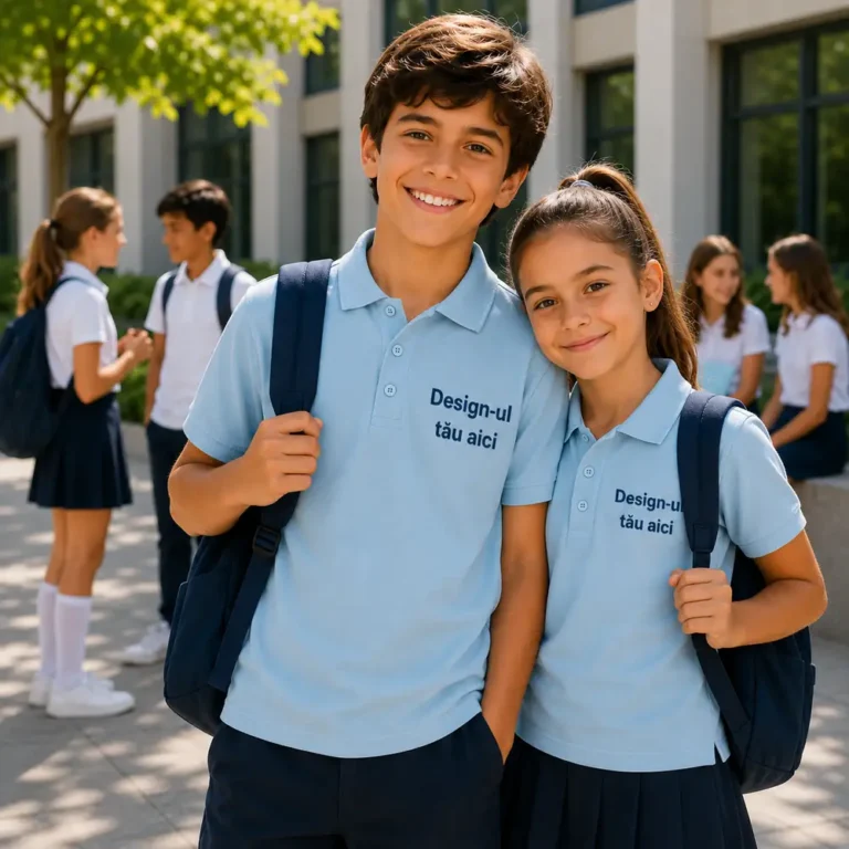 Baiat si fata purtand tricouri polo personalizate albastru deschis, imagine premium pentru uniforme si branding educational modern