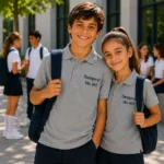 Baiat si fata purtand tricouri polo personalizate gri, imagine premium pentru uniforme si branding modern elegant