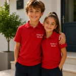 Baiat si fata purtand tricouri polo personalizate rosii, imagine premium pentru uniforme si spirit de echipa