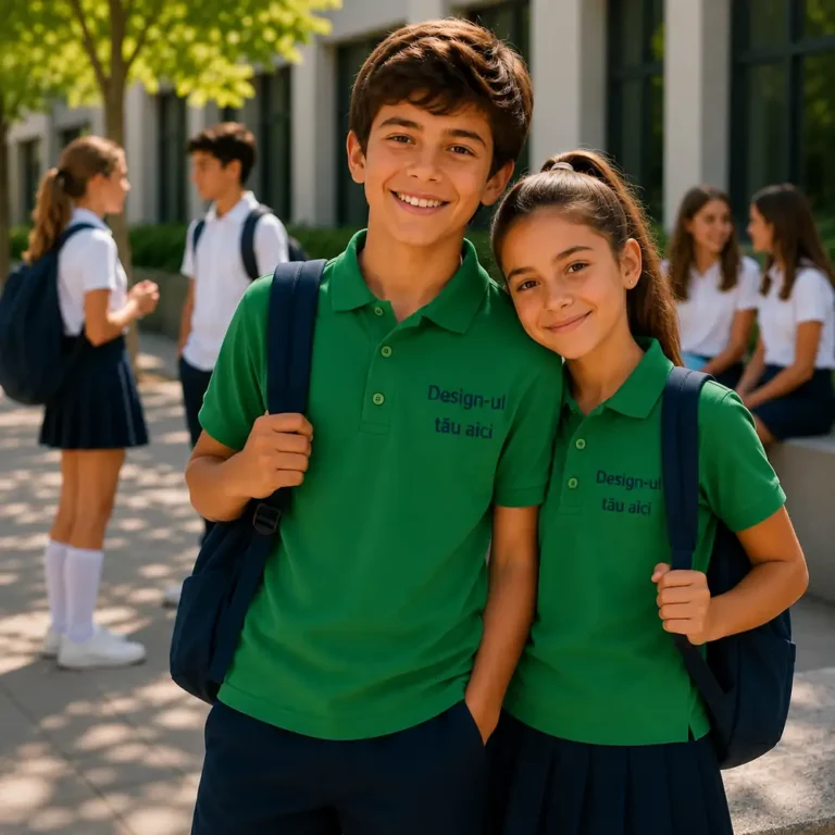 Baiat si fata purtand tricouri polo personalizate verde mediu, imagine premium pentru uniforme si branding educational modern