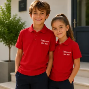 Set tricouri polo personalizate copii rosii pentru scoli, cluburi sportive, tabere si activitati promotionale