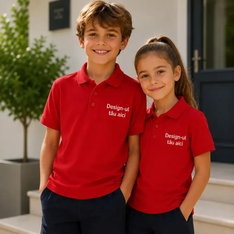 Set tricouri polo personalizate copii rosii pentru scoli, cluburi sportive, tabere si activitati promotionale