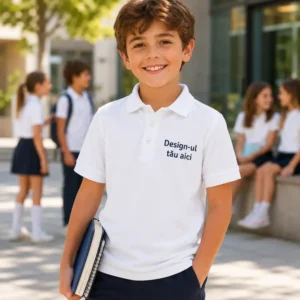 Tricou polo copii alb purtat in mediul scolar, produs premium pentru uniforme si activitati educationale organizate