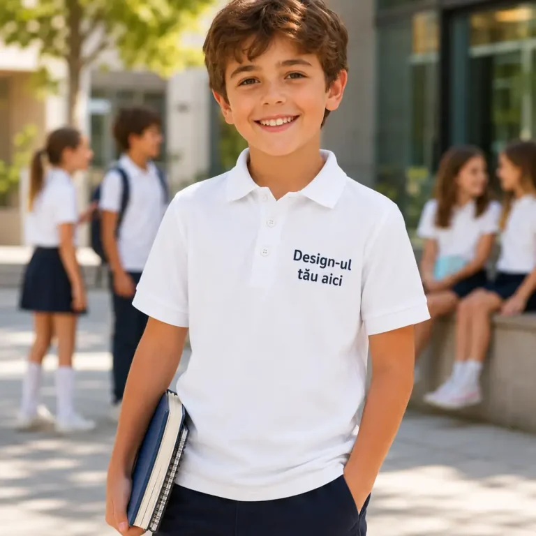 Tricou polo copii alb purtat in mediul scolar, produs premium pentru uniforme si activitati educationale organizate