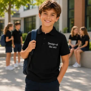 Tricou polo copii negru vedere spate in mediul scolar, uniforma eleganta pentru organizare si identitate vizuala