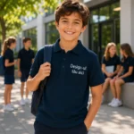 Tricou polo copii albastru navy purtat in mediul scolar, personalizare premium pentru branding si uniforme educationale
