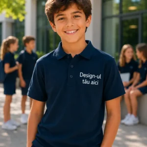 Tricou polo personalizat copii albastru navy close-up, produs elegant cu design personalizat pentru scoli si echipe