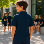 Tricou polo copii navy vedere spate in context scolar, uniforma premium pentru organizare si identitate vizuala