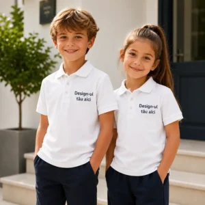 Tricou polo personalizat copii alb purtat de grup scolar, uniforme elegante pentru branding si identitate vizuala