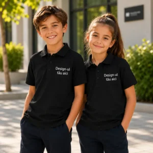 Tricou polo personalizat copii negru purtat de grup scolar, produs premium pentru uniforme si branding educational