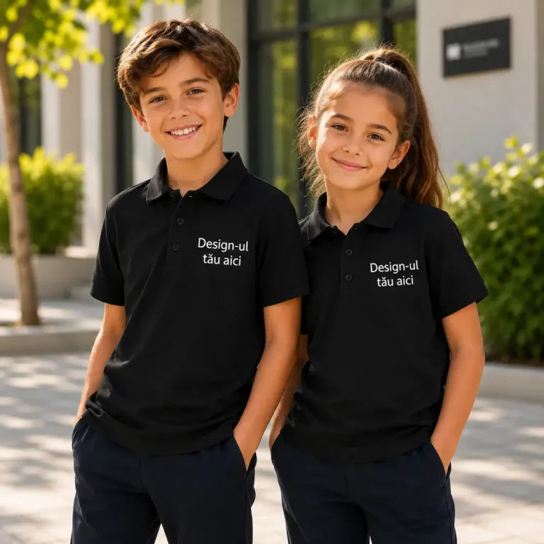 Tricou polo personalizat copii negru purtat de grup scolar, produs premium pentru uniforme si branding educational