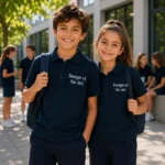 Tricou polo personalizat copii albastru navy purtat de grup scolar, produs premium pentru branding educational si uniforme moderne