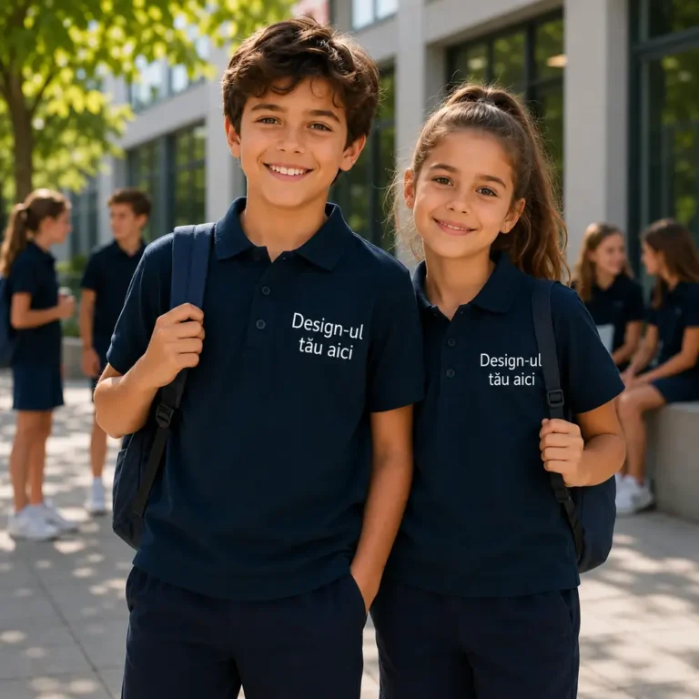 Tricou polo personalizat copii albastru navy purtat de grup scolar, produs premium pentru branding educational si uniforme moderne